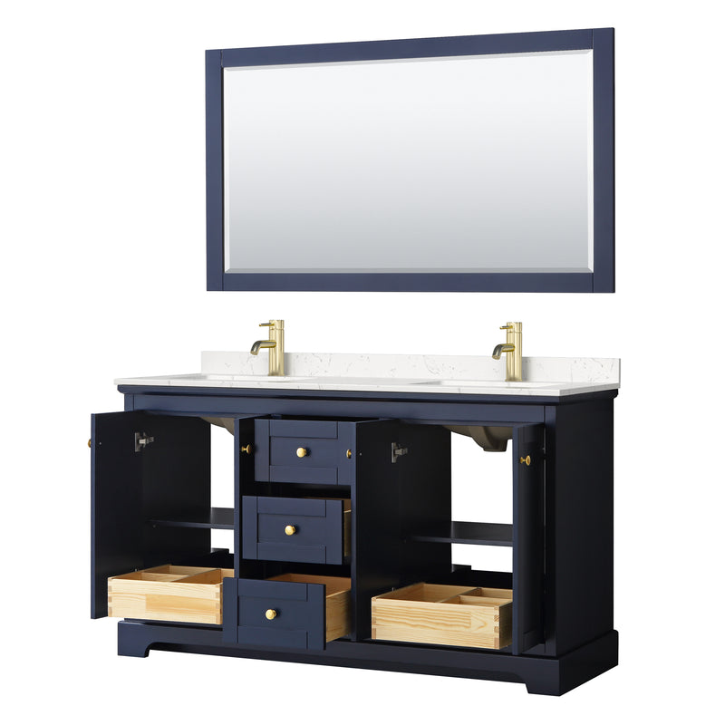 Wyndham Avery 60" Double Bathroom Vanity In Dark Blue Light-Vein Carrara Cultured Marble Countertop Undermount Square Sinks and 58" Mirror WCV232360DBLC2UNSM58