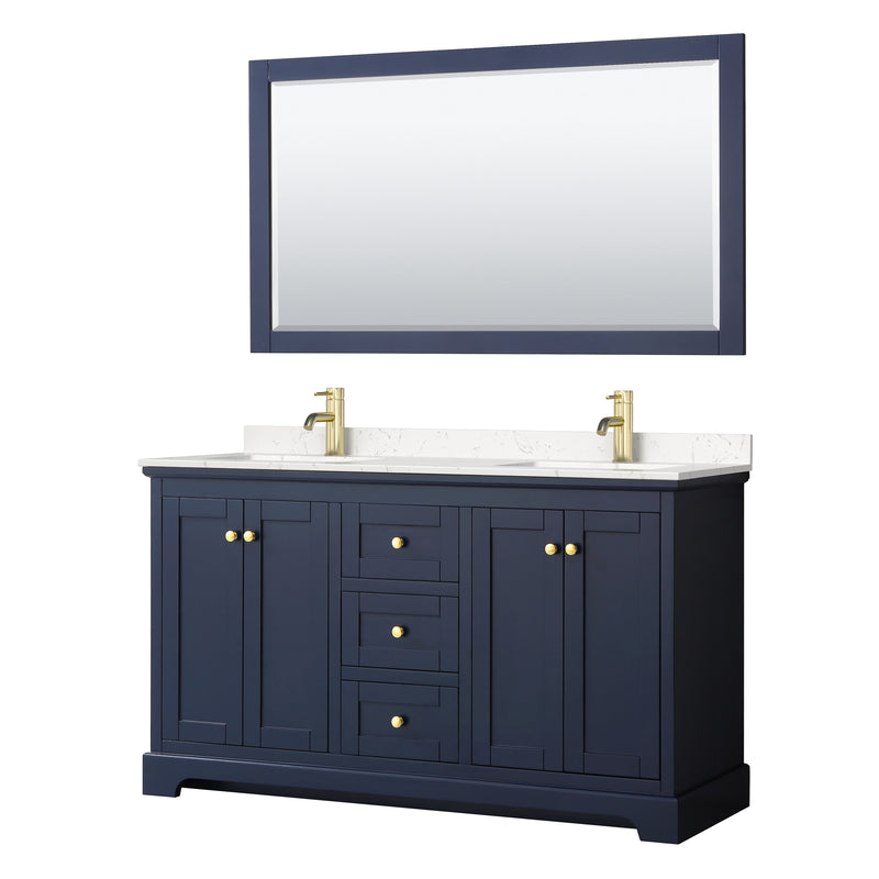 Wyndham Avery 60" Double Bathroom Vanity In Dark Blue Light-Vein Carrara Cultured Marble Countertop Undermount Square Sinks And 58" Mirror WCV232360DBLC2UNSM58