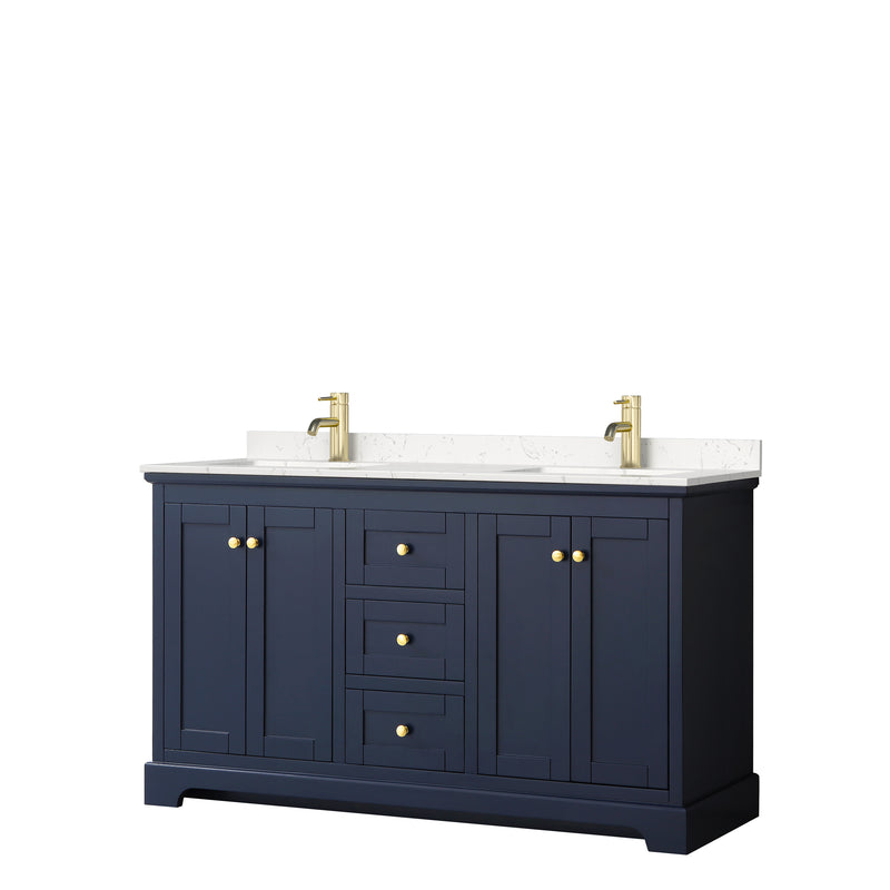 Wyndham Avery 60" Double Bathroom Vanity In Dark Blue Light-Vein Carrara Cultured Marble Countertop Undermount Square Sinks And No Mirror WCV232360DBLC2UNSMXX