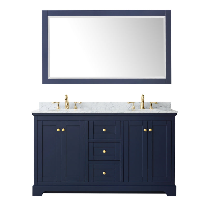 Wyndham Avery 60" Double Bathroom Vanity In Dark Blue White Carrara Marble Countertop Undermount Oval Sinks and 58" Mirror WCV232360DBLCMUNOM58