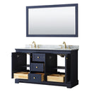 Wyndham Avery 60" Double Bathroom Vanity In Dark Blue White Carrara Marble Countertop Undermount Oval Sinks and 58" Mirror WCV232360DBLCMUNOM58