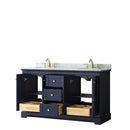 Wyndham Avery 60" Double Bathroom Vanity In Dark Blue White Carrara Marble Countertop Undermount Oval Sinks and No Mirror WCV232360DBLCMUNOMXX