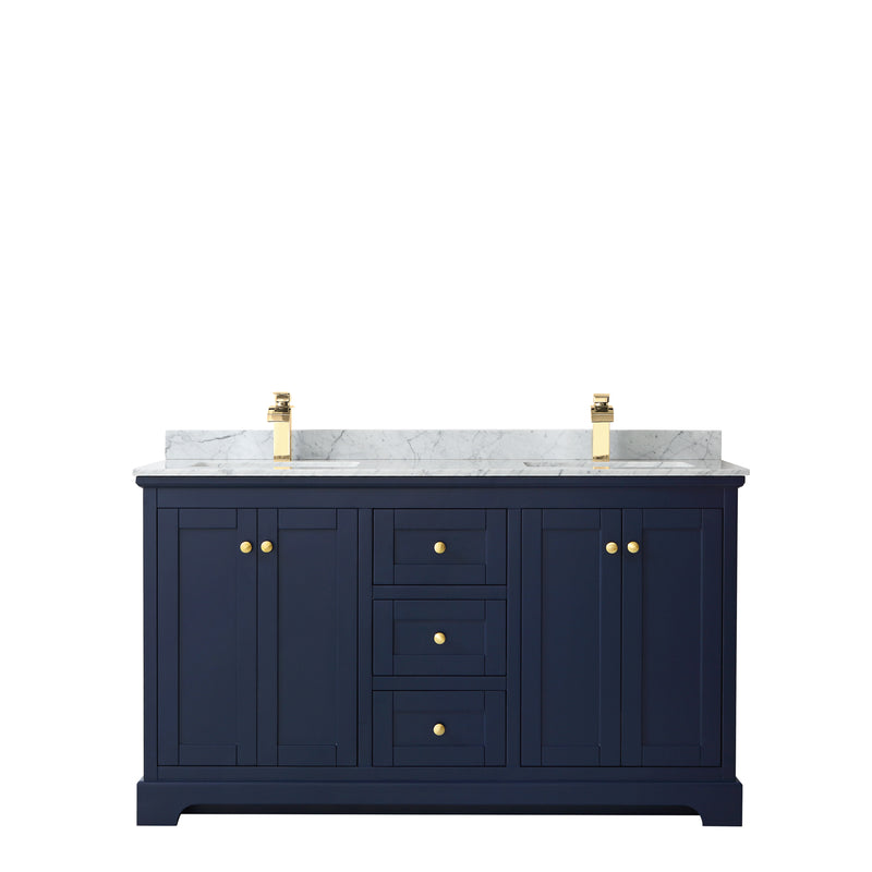 Wyndham Avery 60" Double Bathroom Vanity In Dark Blue White Carrara Marble Countertop Undermount Square Sinks and No Mirror WCV232360DBLCMUNSMXX