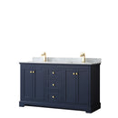 Wyndham Avery 60" Double Bathroom Vanity In Dark Blue White Carrara Marble Countertop Undermount Square Sinks And No Mirror WCV232360DBLCMUNSMXX