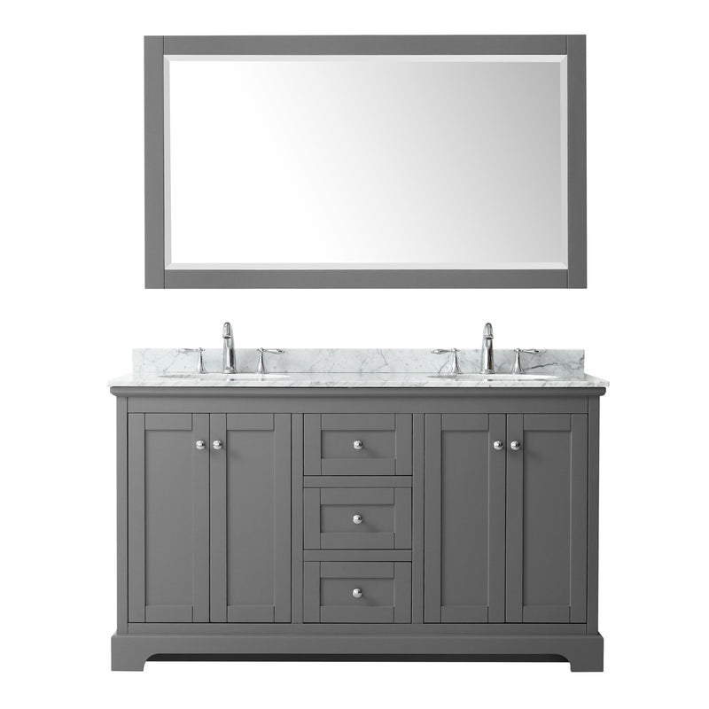 Wyndham Avery 60" Double Bathroom Vanity In Dark Gray White Carrara Marble Countertop Undermount Oval Sinks and 58" Mirror WCV232360DKGCMUNOM58