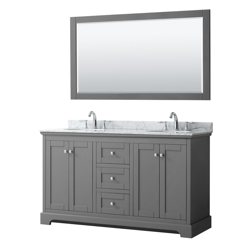 Wyndham Avery 60" Double Bathroom Vanity In Dark Gray White Carrara Marble Countertop Undermount Oval Sinks And 58" Mirror WCV232360DKGCMUNOM58