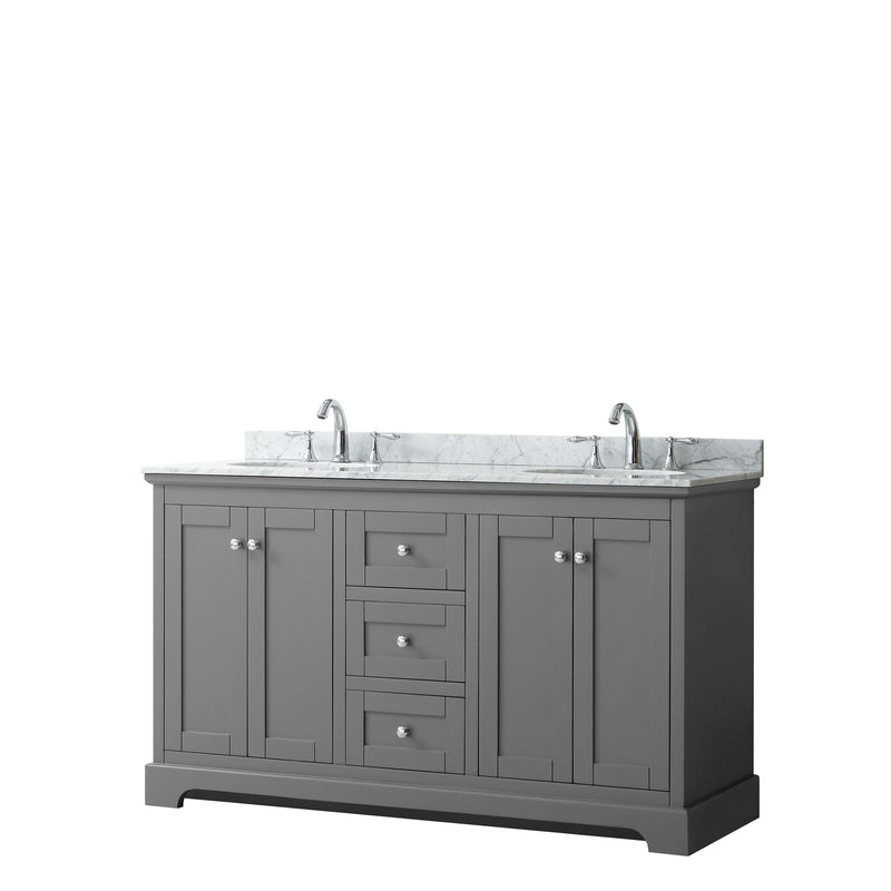 Wyndham Avery 60" Double Bathroom Vanity In Dark Gray White Carrara Marble Countertop Undermount Oval Sinks And No Mirror WCV232360DKGCMUNOMXX