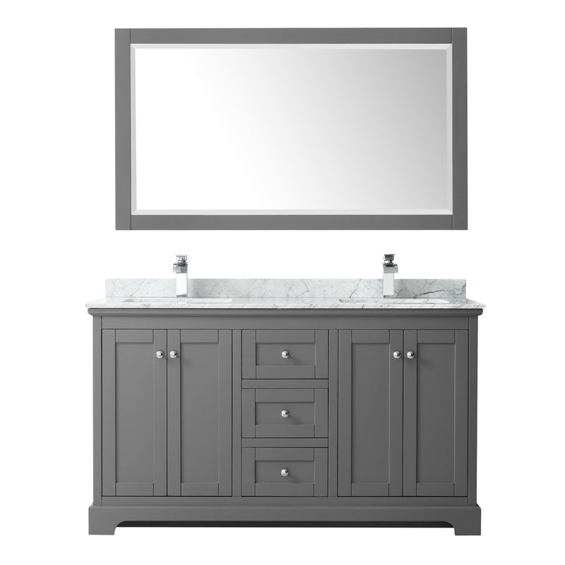 Wyndham Avery 60" Double Bathroom Vanity In Dark Gray White Carrara Marble Countertop Undermount Square Sinks and 58" Mirror WCV232360DKGCMUNSM58