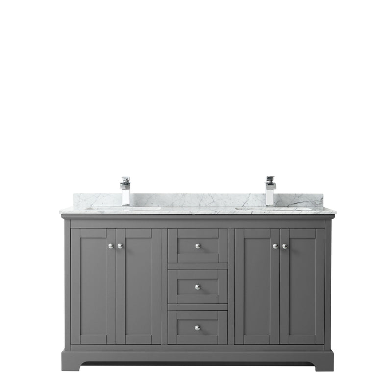 Wyndham Avery 60" Double Bathroom Vanity In Dark Gray White Carrara Marble Countertop Undermount Square Sinks and No Mirror WCV232360DKGCMUNSMXX