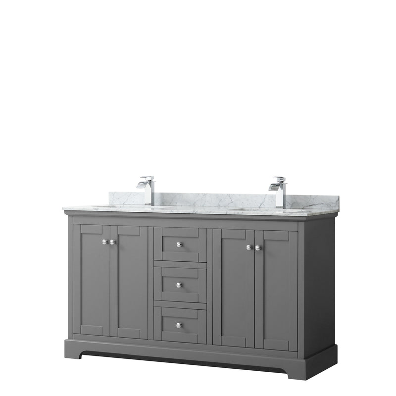 Wyndham Avery 60" Double Bathroom Vanity In Dark Gray White Carrara Marble Countertop Undermount Square Sinks And No Mirror WCV232360DKGCMUNSMXX