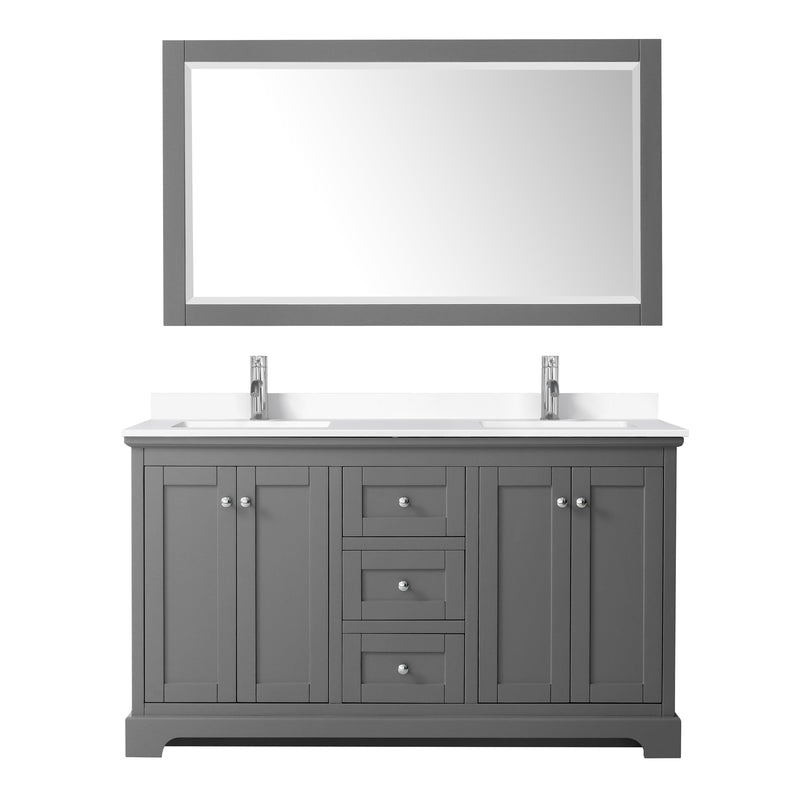 Wyndham Avery 60" Double Bathroom Vanity In Dark Gray White Cultured Marble Countertop Undermount Square Sinks and 58" Mirror WCV232360DKGWCUNSM58