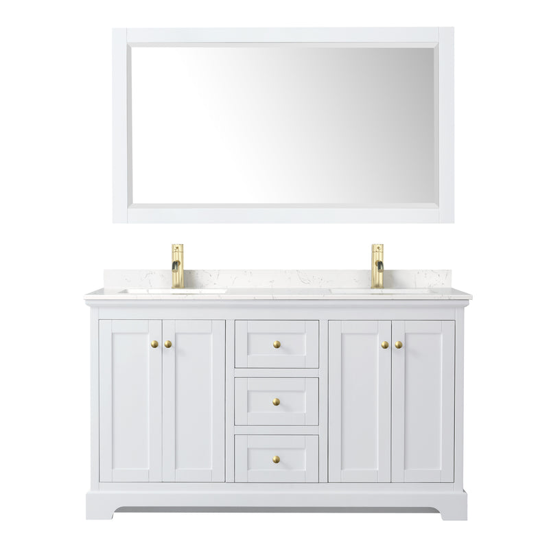 Wyndham Avery 60" Double Bathroom Vanity In White Light-Vein Carrara Cultured Marble Countertop Undermount Square Sinks Brushed Gold Trims and 58" Mirror WCV232360DWGC2UNSM58