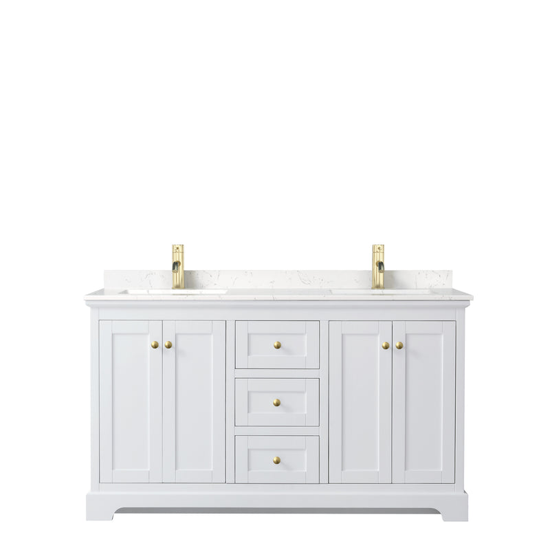 Wyndham Avery 60" Double Bathroom Vanity In White Light-Vein Carrara Cultured Marble Countertop Undermount Square Sinks Brushed Gold Trims and No Mirror WCV232360DWGC2UNSMXX