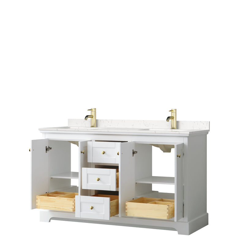 Wyndham Avery 60" Double Bathroom Vanity In White Light-Vein Carrara Cultured Marble Countertop Undermount Square Sinks Brushed Gold Trims and No Mirror WCV232360DWGC2UNSMXX