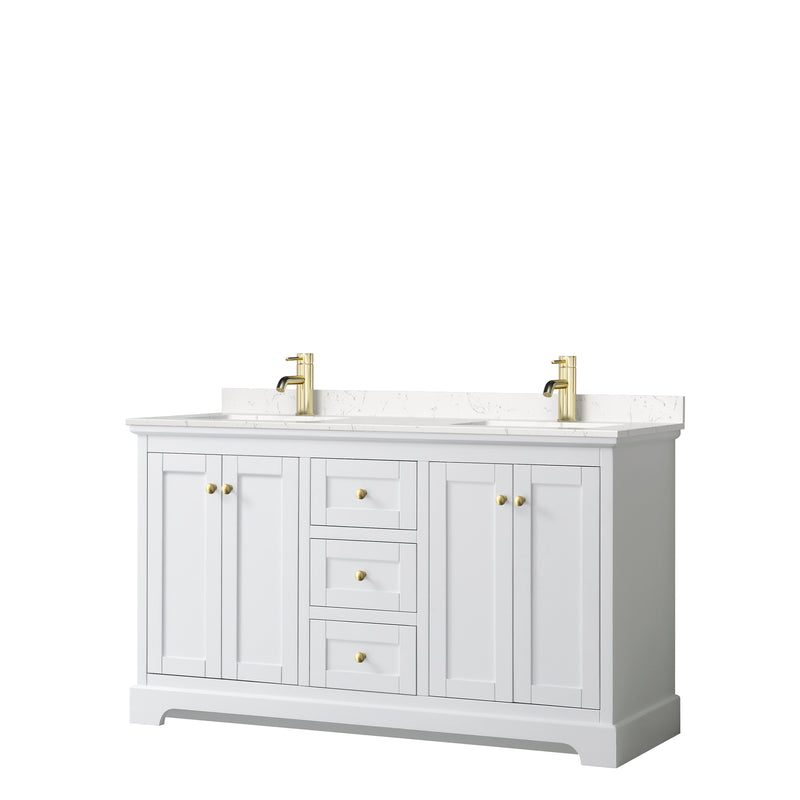 Wyndham Avery 60" Double Bathroom Vanity In White Light-Vein Carrara Cultured Marble Countertop Undermount Square Sinks Brushed Gold Trims And No Mirror WCV232360DWGC2UNSMXX