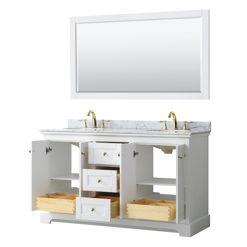 Wyndham Avery 60" Double Bathroom Vanity In White White Carrara Marble Countertop Undermount Oval Sinks Brushed Gold Trims and 58" Mirror WCV232360DWGCMUNOM58