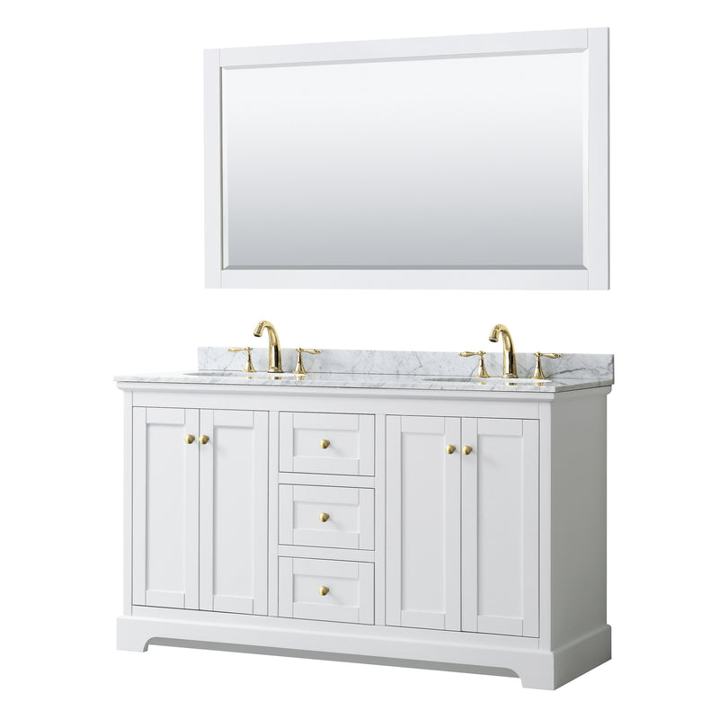 Wyndham Avery 60" Double Bathroom Vanity In White White Carrara Marble Countertop Undermount Oval Sinks Brushed Gold Trims And 58" Mirror WCV232360DWGCMUNOM58