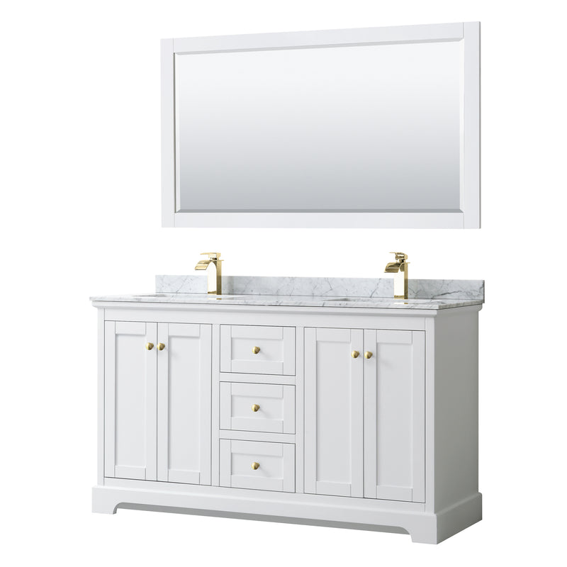 Wyndham Avery 60" Double Bathroom Vanity In White White Carrara Marble Countertop Undermount Square Sinks Brushed Gold Trims And 58" Mirror WCV232360DWGCMUNSM58