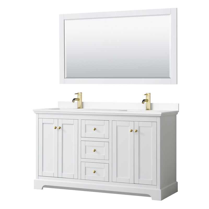 Wyndham Avery 60" Double Bathroom Vanity In White White Cultured Marble Countertop Undermount Square Sinks Brushed Gold Trims And 58" Mirror WCV232360DWGWCUNSM58