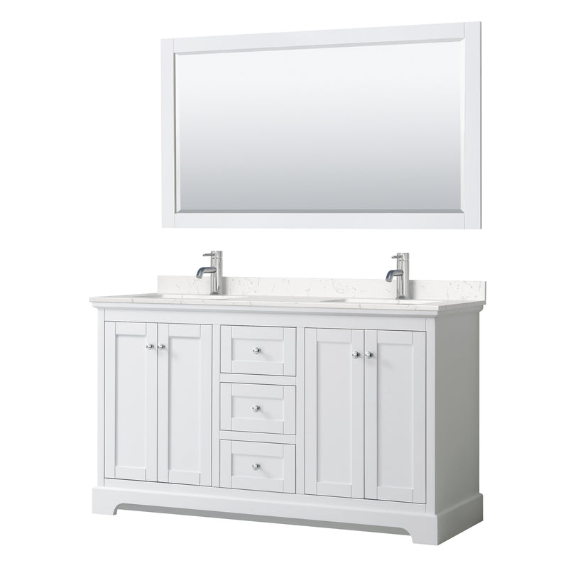 Wyndham Avery 60" Double Bathroom Vanity In White Light-Vein Carrara Cultured Marble Countertop Undermount Square Sinks And 58" Mirror WCV232360DWHC2UNSM58