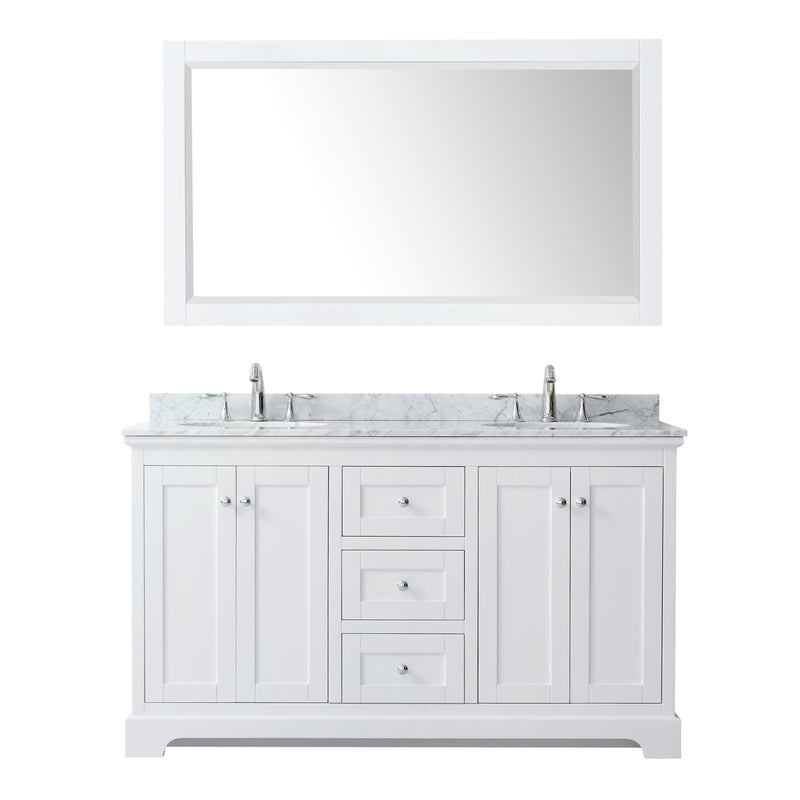 Wyndham Avery 60" Double Bathroom Vanity In White White Carrara Marble Countertop Undermount Oval Sinks and 58" Mirror WCV232360DWHCMUNOM58