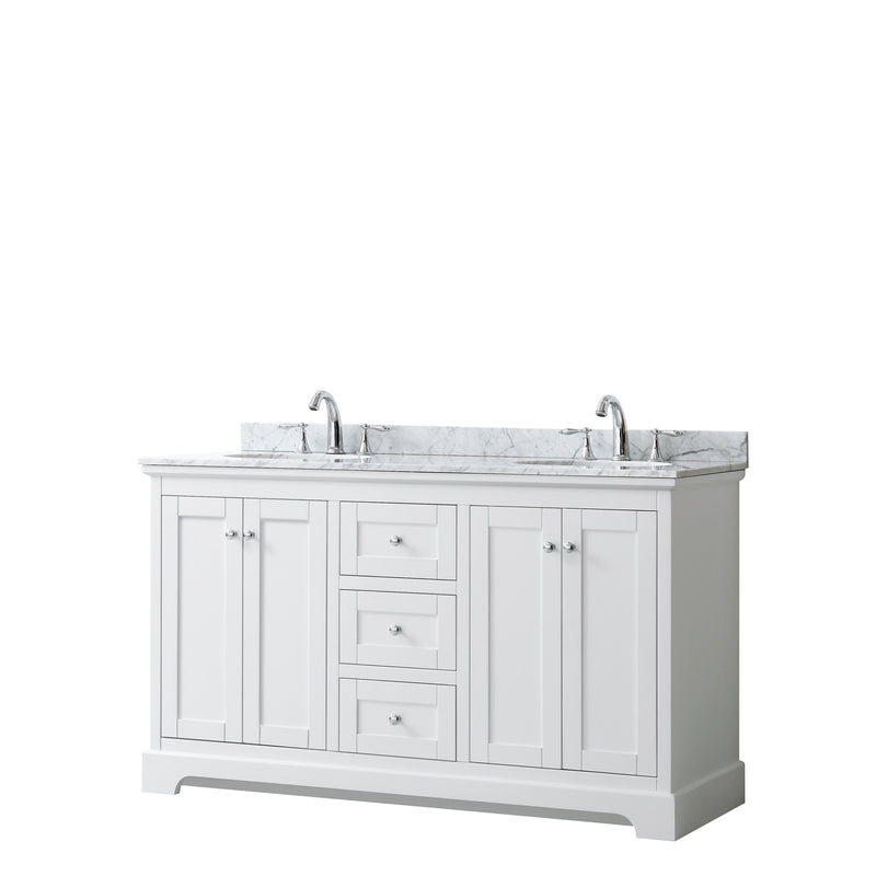 Wyndham Avery 60" Double Bathroom Vanity In White White Carrara Marble Countertop Undermount Oval Sinks And No Mirror WCV232360DWHCMUNOMXX