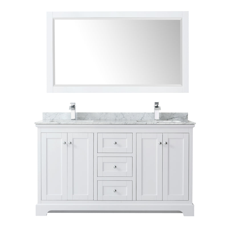 Wyndham Avery 60" Double Bathroom Vanity In White White Carrara Marble Countertop Undermount Square Sinks and 58" Mirror WCV232360DWHCMUNSM58