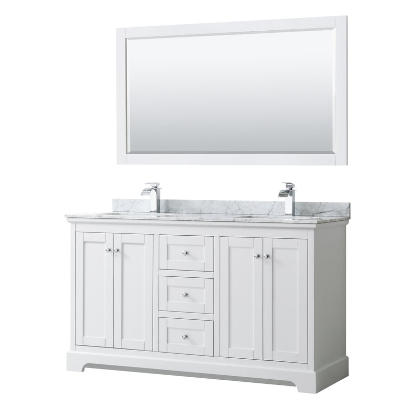 Wyndham Avery 60" Double Bathroom Vanity In White White Carrara Marble Countertop Undermount Square Sinks And 58" Mirror WCV232360DWHCMUNSM58