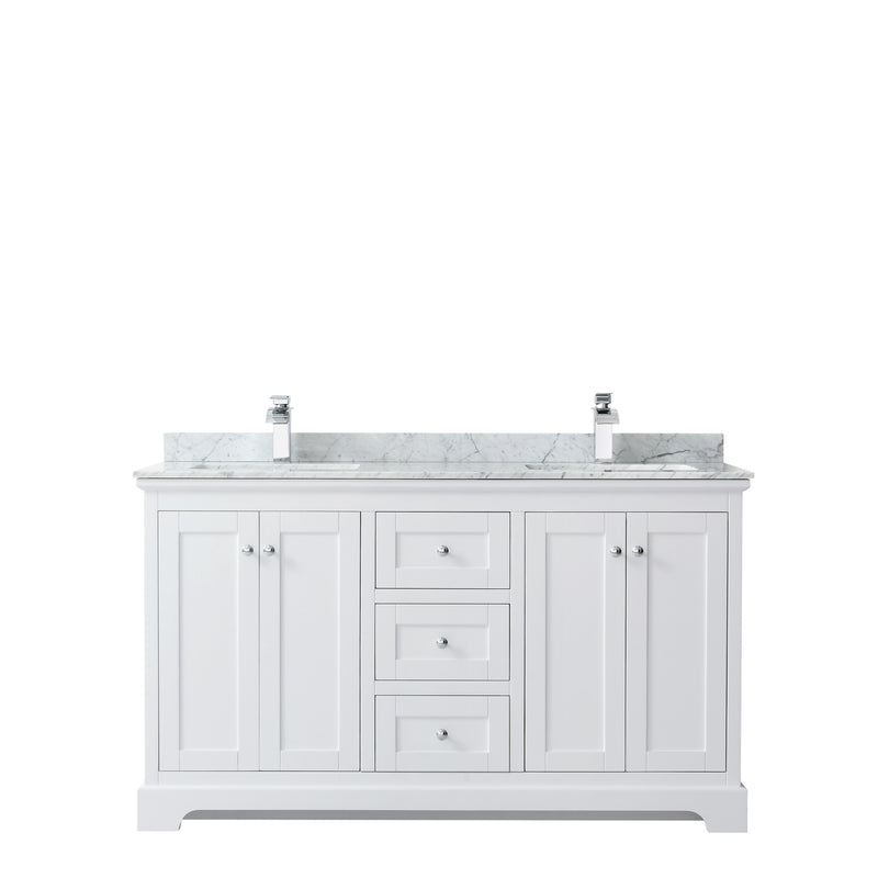 Wyndham Avery 60" Double Bathroom Vanity In White White Carrara Marble Countertop Undermount Square Sinks and No Mirror WCV232360DWHCMUNSMXX