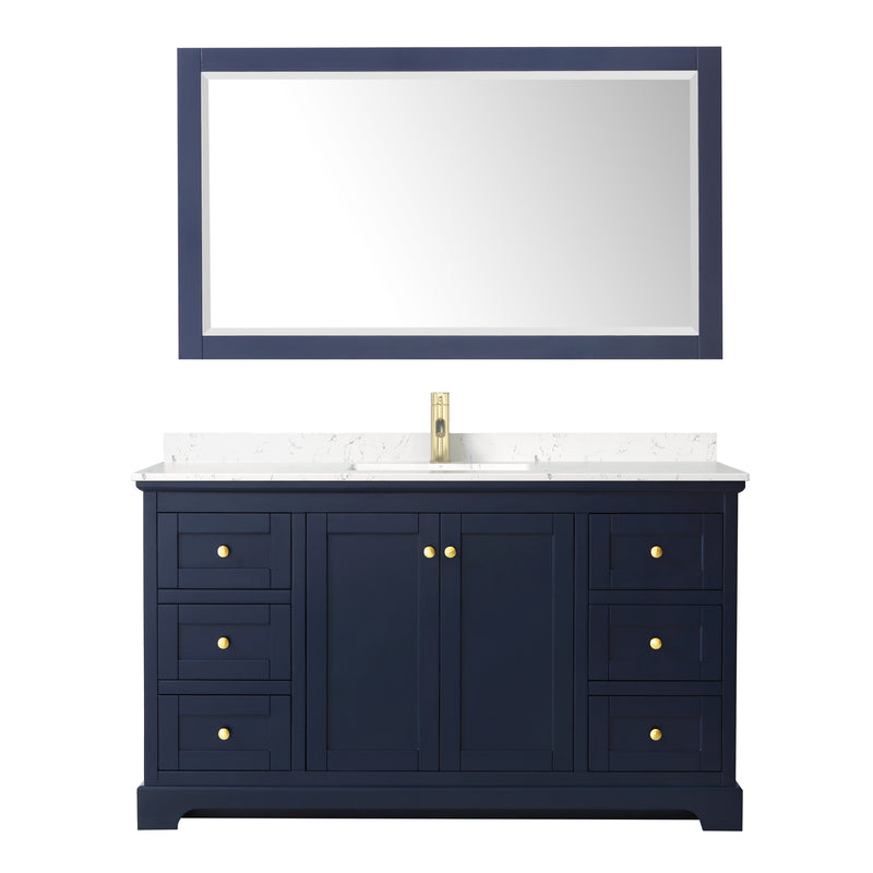 Wyndham Avery 60" Single Bathroom Vanity In Dark Blue Light-Vein Carrara Cultured Marble Countertop Undermount Square Sink and 58" Mirror WCV232360SBLC2UNSM58