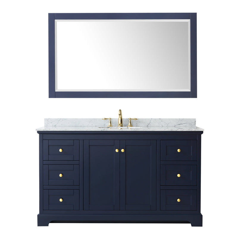 Wyndham Avery 60" Single Bathroom Vanity In Dark Blue White Carrara Marble Countertop Undermount Oval Sink and 58" Mirror WCV232360SBLCMUNOM58