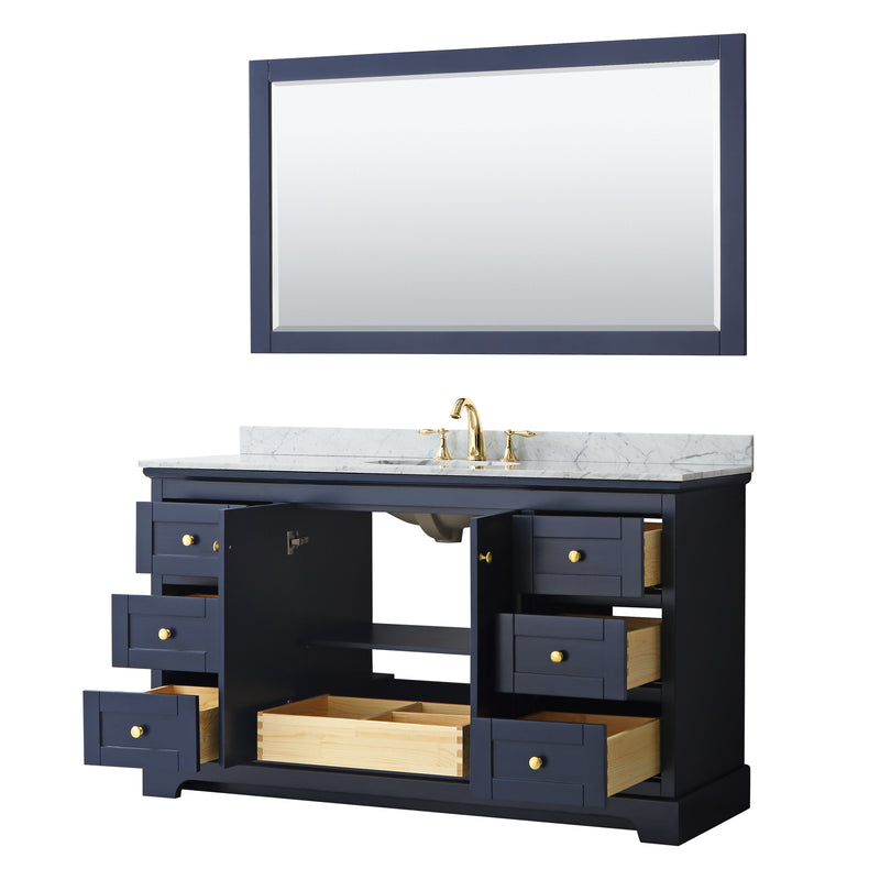 Wyndham Avery 60" Single Bathroom Vanity In Dark Blue White Carrara Marble Countertop Undermount Oval Sink and 58" Mirror WCV232360SBLCMUNOM58