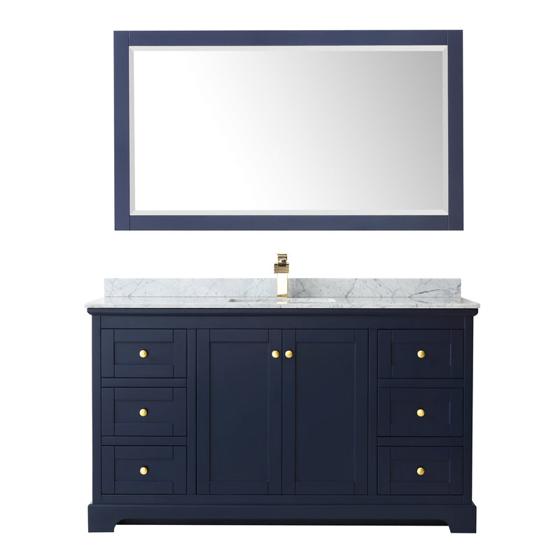 Wyndham Avery 60" Single Bathroom Vanity In Dark Blue White Carrara Marble Countertop Undermount Square Sink and 58" Mirror WCV232360SBLCMUNSM58