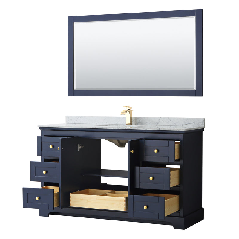 Wyndham Avery 60" Single Bathroom Vanity In Dark Blue White Carrara Marble Countertop Undermount Square Sink and 58" Mirror WCV232360SBLCMUNSM58