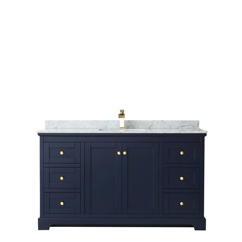 Wyndham Avery 60" Single Bathroom Vanity In Dark Blue White Carrara Marble Countertop Undermount Square Sink and No Mirror WCV232360SBLCMUNSMXX