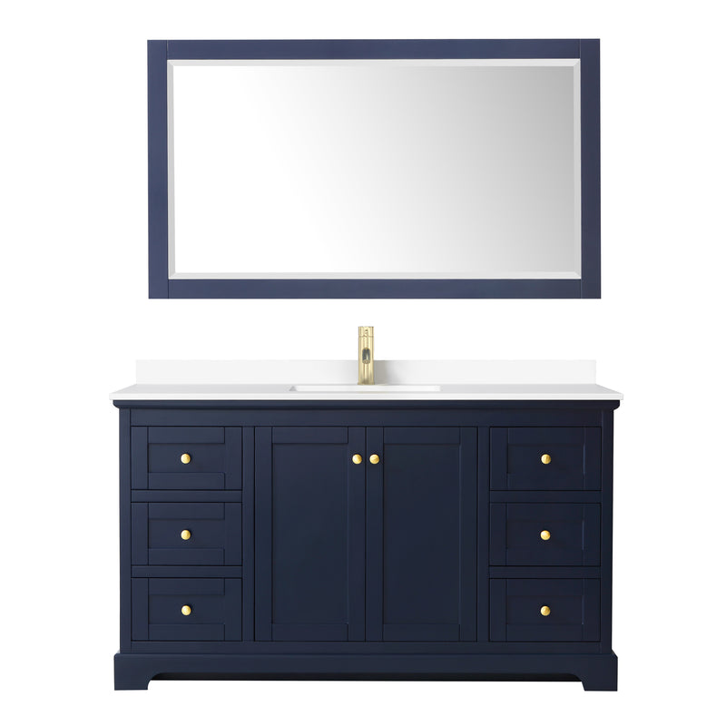 Wyndham Avery 60" Single Bathroom Vanity In Dark Blue White Cultured Marble Countertop Undermount Square Sink and 58" Mirror WCV232360SBLWCUNSM58