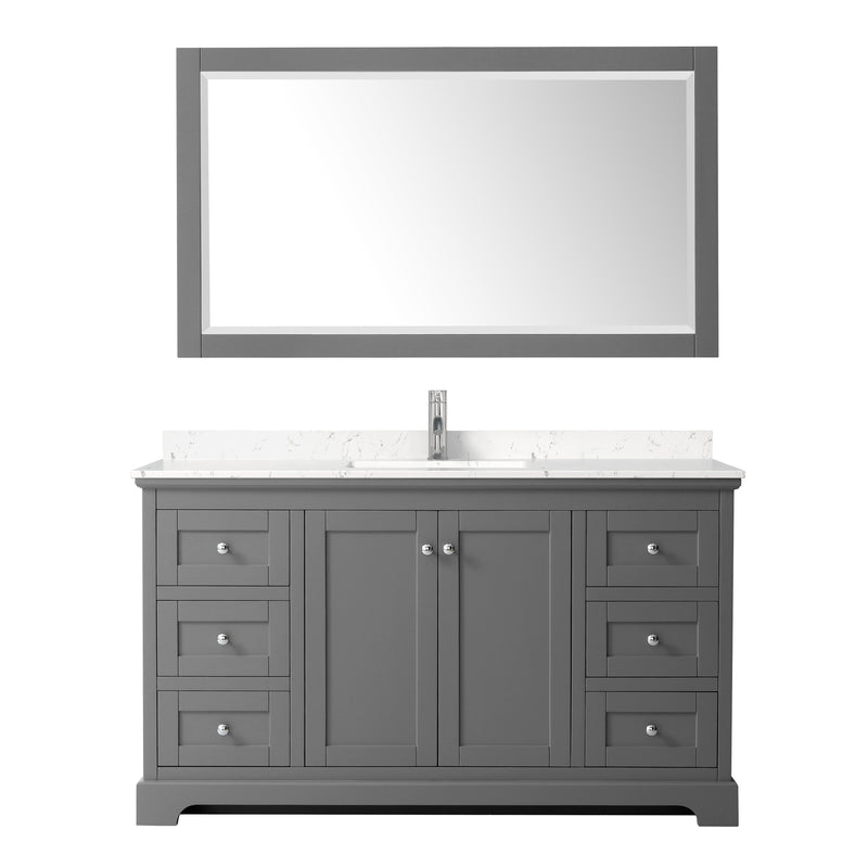 Wyndham Avery 60" Single Bathroom Vanity In Dark Gray Light-Vein Carrara Cultured Marble Countertop Undermount Square Sink and 58" Mirror WCV232360SKGC2UNSM58