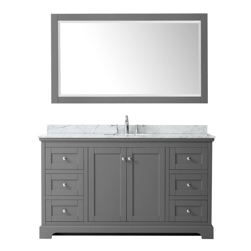 Wyndham Avery 60" Single Bathroom Vanity In Dark Gray White Carrara Marble Countertop Undermount Oval Sink and 58" Mirror WCV232360SKGCMUNOM58