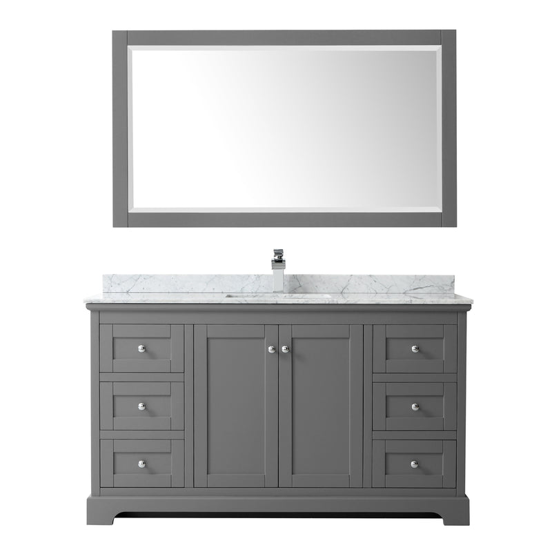 Wyndham Avery 60" Single Bathroom Vanity In Dark Gray White Carrara Marble Countertop Undermount Square Sink and 58" Mirror WCV232360SKGCMUNSM58