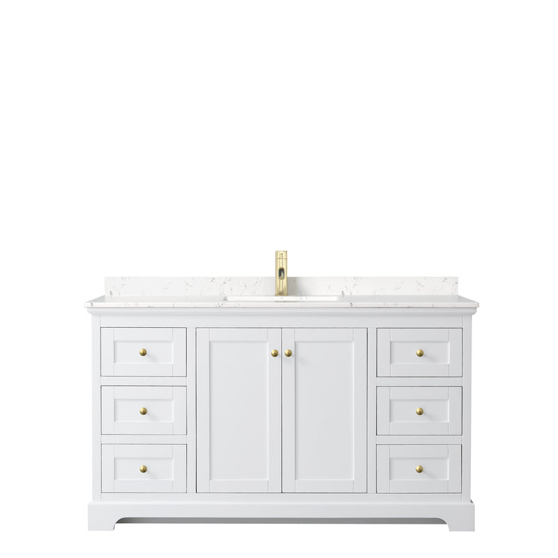 Wyndham Avery 60" Single Bathroom Vanity In White Light-Vein Carrara Cultured Marble Countertop Undermount Square Sink Brushed Gold Trims and No Mirror WCV232360SWGC2UNSMXX