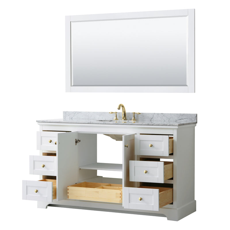 Wyndham Avery 60" Single Bathroom Vanity In White White Carrara Marble Countertop Undermount Oval Sink Brushed Gold Trims and 58" Mirror WCV232360SWGCMUNOM58