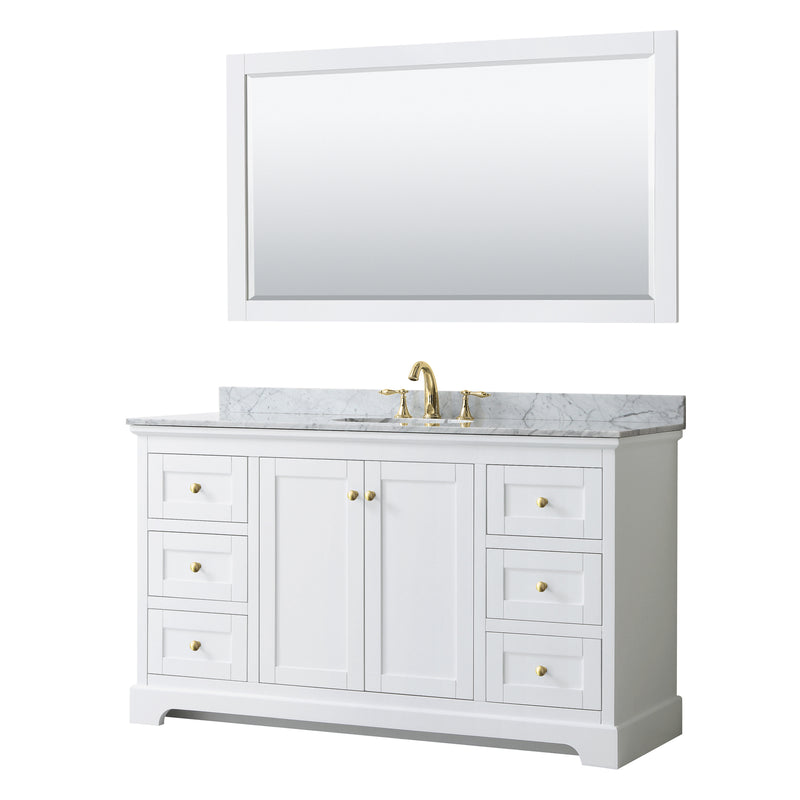 Wyndham Avery 60" Single Bathroom Vanity In White White Carrara Marble Countertop Undermount Oval Sink Brushed Gold Trims And 58" Mirror WCV232360SWGCMUNOM58