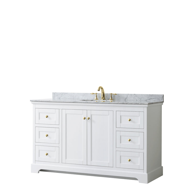 Wyndham Avery 60" Single Bathroom Vanity In White White Carrara Marble Countertop Undermount Oval Sink Brushed Gold Trims And No Mirror WCV232360SWGCMUNOMXX