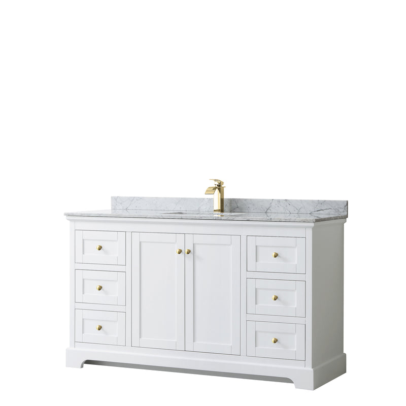 Wyndham Avery 60" Single Bathroom Vanity In White White Carrara Marble Countertop Undermount Square Sink Brushed Gold Trims And No Mirror WCV232360SWGCMUNSMXX