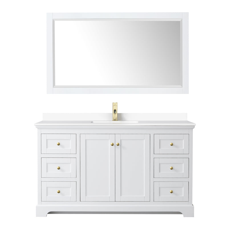 Wyndham Avery 60" Single Bathroom Vanity In White White Cultured Marble Countertop Undermount Square Sink Brushed Gold Trims and 58" Mirror WCV232360SWGWCUNSM58