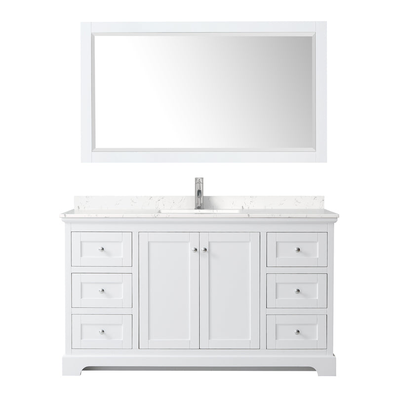 Wyndham Avery 60" Single Bathroom Vanity In White Light-Vein Carrara Cultured Marble Countertop Undermount Square Sink and 58" Mirror WCV232360SWHC2UNSM58