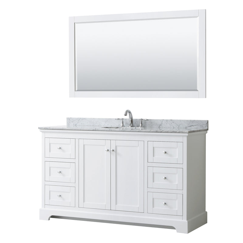 Wyndham Avery 60" Single Bathroom Vanity In White White Carrara Marble Countertop Undermount Oval Sink And 58" Mirror WCV232360SWHCMUNOM58