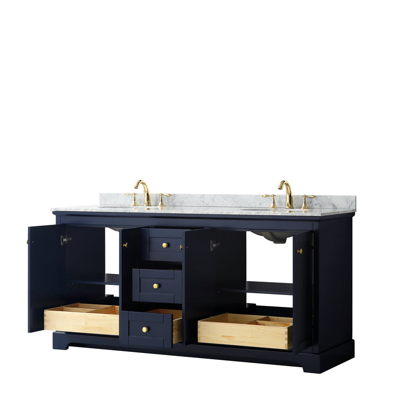 Wyndham Avery 72" Double Bathroom Vanity In Dark Blue White Carrara Marble Countertop Undermount Oval Sinks and No Mirror WCV232372DBLCMUNOMXX