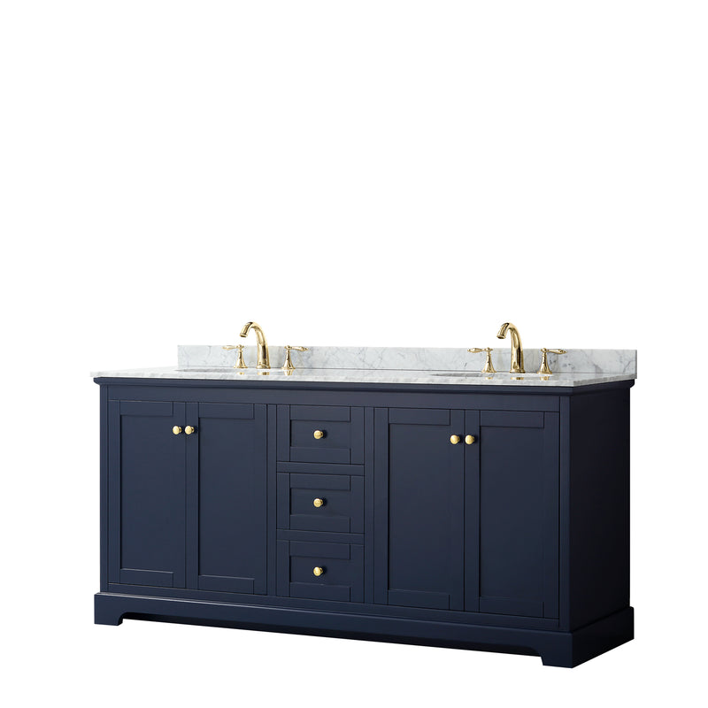 Wyndham Avery 72" Double Bathroom Vanity In Dark Blue White Carrara Marble Countertop Undermount Oval Sinks And No Mirror WCV232372DBLCMUNOMXX