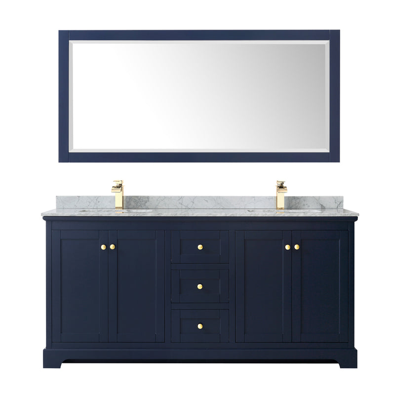 Wyndham Avery 72" Double Bathroom Vanity In Dark Blue White Carrara Marble Countertop Undermount Square Sinks and 70" Mirror WCV232372DBLCMUNSM70